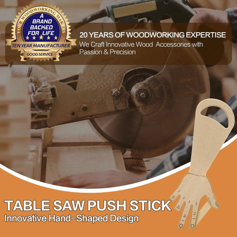 Ergonomic Hand Shape Table Saw Push Stick With Missing Finger Design for woodworking, shown near a wood saw and logo badge