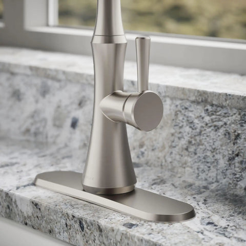 Close-up of Kaori Single Handle Kitchen Faucet With Pull Down Sprayer And Soap Dispenser In Vibrant Stainless Finish, base detail.