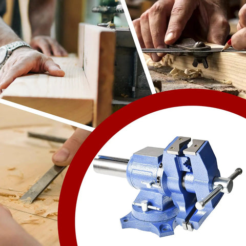 Multipurpose Bench Vise Heavy-Duty Multi-Jaw Vise Clamp-On with 360-Degree Rotation and Swivel Base shown in workshop use