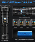 Diagram of Ultra Bright 990000 Lumen Rechargeable LED Flashlight with zoomable beam and battery details, tactical use.