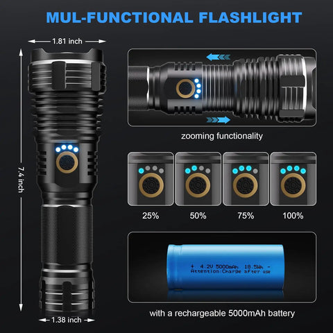 Diagram of Ultra Bright 990000 Lumen Rechargeable LED Flashlight with zoomable beam and battery details, tactical use.