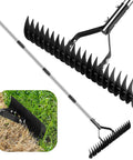 Thatch Rake For Lawns With 21 Curved Steel Tines And A 64 Inch Adjustable Handle Heavy Duty Dethatcher Rake shown on grass