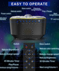 Lit Star Projector Galaxy Night Light With Remote And Timer controls with galaxy background and labeled buttons.