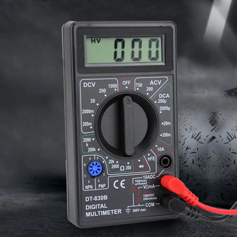 DT-830B Digital Multimeter With Large LCD Display showing 000 with red and black probes connected, versatile handheld meter.