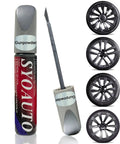 Gunpowder Gray Wheel Touch Up Paint Pen For Tesla Model Y And 3 S X Alloy Rims, brush applicator with alloy rims shown.
