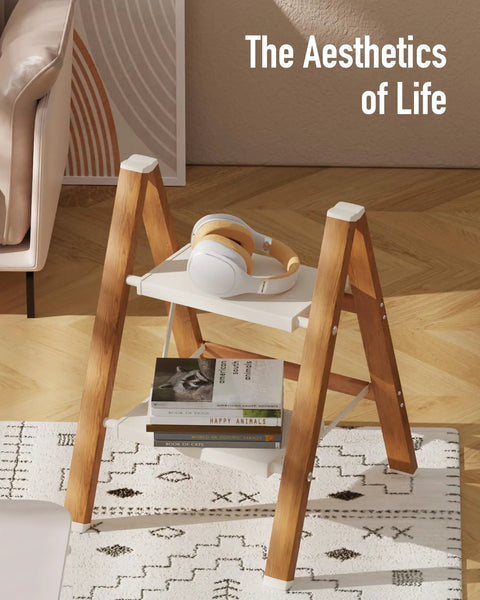 2 Step Stool Foldable Aluminum Ladder, Ultra Lightweight And Space Saving, Compact Portable Step Ladder For Home, Kitchen, Garage, And High Shelves Indoors. Foldable wooden-style frame with two white steps and books on top.