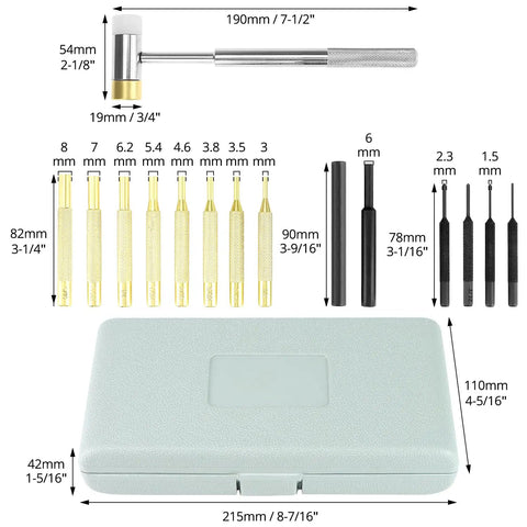 All In One Hammer And Punch Set With Chrome Plated Steel Hammer Nylon And Brass Heads 15 Piece Punch Kit With Brass Steel And Nylon Punches In Durable Plastic Case with detailed measurements