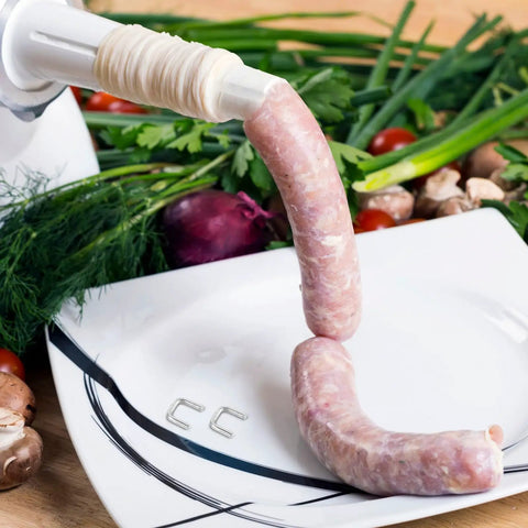 Bulk 4000 Piece Aluminum U Shaped Sausage Casing Clips And Nail Clippers For Rapid Batch Production Fast Changeover Tools, sausage being filled.