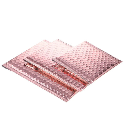 Rose Gold Metallic Bubble Mailers With Self Seal Adhesive, 50 Pack Padded Poly Mailers For Valentine Shipping, shown in three sizes