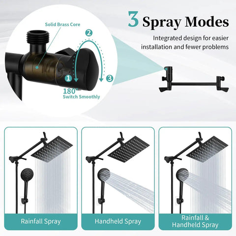 Diagram of 8 Inch Matte Black Rain Shower Head For Wide Coverage And Powerful Water Flow Dope Easy Install Durable Stainless Steel Shower Head with 3 spray modes.