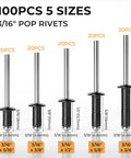 Heavy Duty 200 Pcs 3/16 Inch Pop Rivets Assortment Kit with black aluminum rivets in five sizes, including 3/16 x 3/4 inch.
