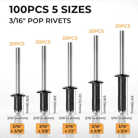Heavy Duty 200 Pcs 3/16 Inch Pop Rivets Assortment Kit with black aluminum rivets in five sizes, including 3/16 x 3/4 inch.