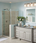 Bathroom interior with 22 Inch Wide Glass Bathroom Vanity Shelf In Brushed Nickel For Towels And Accessories above a sink