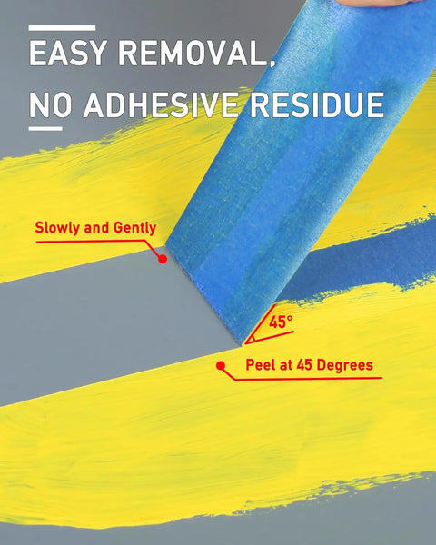 Pro-Grade Blue Painter Tape 0.94 Inch, 18 Rolls, medium adhesion peeling from surface at 45 degrees, no residue left behind.