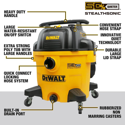Heavy Duty 10 Gallon Wet Dry Shop Vacuum Featuring Straight Up Quiet Stealth Sonic Motor With Accessory Features