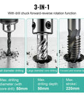 3-in-1 drill chuck display showing small diameter drilling, large diameter core drilling, and forward-reverse tapping functions.