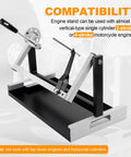 Motorcycle Engine Stand For Vertical Single Cylinder 2 Stroke Or 4 Stroke Motors, heavy-duty with adjustable frame and oil pan.
