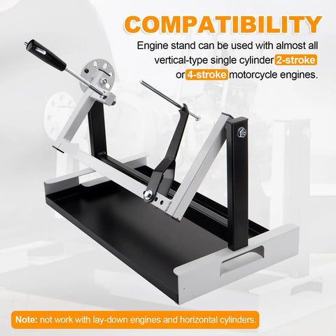 Motorcycle Engine Stand For Vertical Single Cylinder 2 Stroke Or 4 Stroke Motors, heavy-duty with adjustable frame and oil pan.