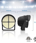 Heavy Duty Led Stadium Light 1200W Pumps Out 162K Lumens With A Hard Hitting 15 Degree Beam, side and front view with size details.