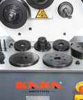 Kaka Industrial Rbm-30HV Roll Bending Machine showing control knobs and rollers for forming arcs and rings in metal.