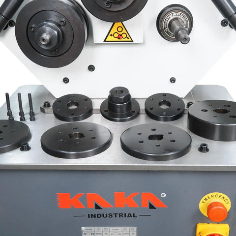 Kaka Industrial Rbm-30HV Roll Bending Machine showing control knobs and rollers for forming arcs and rings in metal.