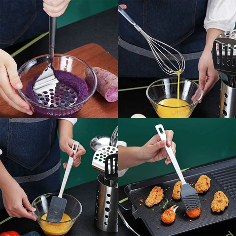Stainless Steel 13 Piece All In One Kitchen Utensils Set With Holder Nonstick Heat Resistant Dishwasher Safe Easy To Clean
