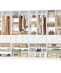 Big League White Closet Organizer System With Eight Deep Drawers And Triple Layer Shoe Rack Knocks It Out As A Hella Spacious Free Standing Tower Rack For Walk In Rooms And Large Bedrooms with clothing and accessories organized.