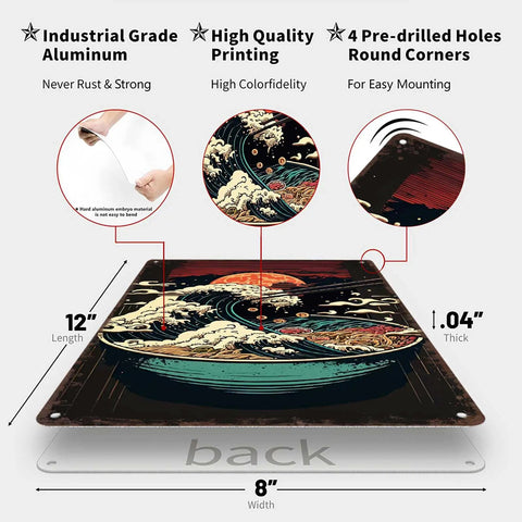 Ramen Bowl Sunset Wave Metal Tin Sign Wall Art 8x12 Inch Rustic Vintage Poster showing aluminum thickness and pre-drilled holes
