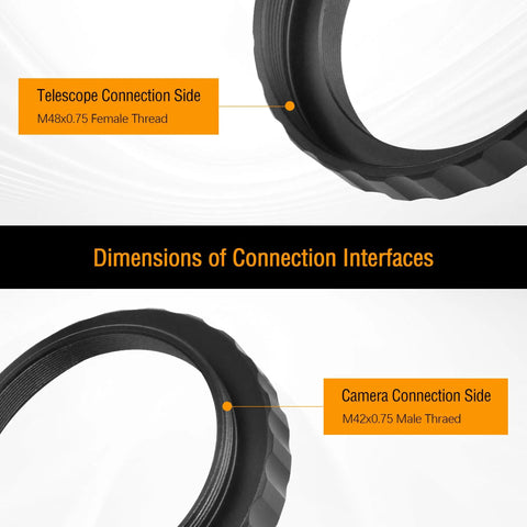 2 Inch M48 To M42 0.75 Telescope Adapter Female To Male Thread showing connection side details and dimensions.