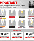 Graphic showing compatibility for Kickass Japanese Tooth Oscillating Tool Blades 10 Piece Set with various adapters.