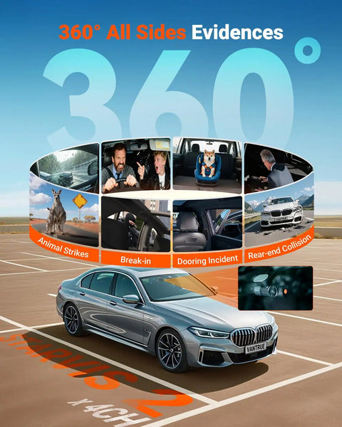 360-degree dash cam surveillance montage with animal strikes, incidents, car on parking lot demonstrating 4 Channel 360 Degree Dash Cam For Full Coverage With Front 2.7K STARVIS Night Vision Cabin 1440P Rear 1080P 24 7 Buffered Parking Mode WiFi Voice Control Dual GPS And Up To 1TB Max Storage features.