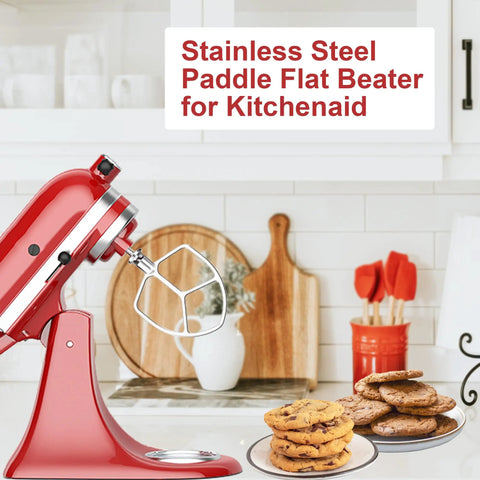 Coated Flat Beater For 6 Quart Bowl-Lift Stand Mixer Replacement displayed on a red mixer in a kitchen with cookies and dough
