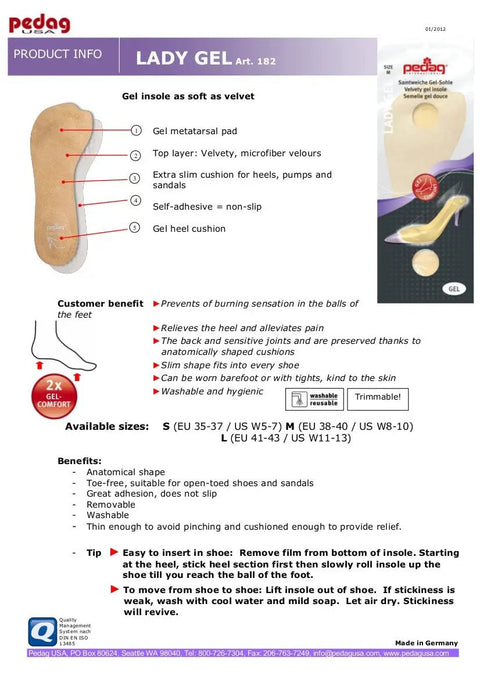Product info sheet for Deluxe Comfy Fit Right Kit for Women Small with Lady Gel and leather heel grips, highlighting features and benefits.
