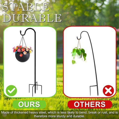 Comparison of Outdoor No Fuss 48 Inch Shepherds Hook Garden Pole with five prongs and a different unstable hook.