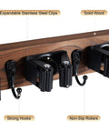 Close-up of Wall Mount Broom And Mop Holder with Five Slots and Four Hooks, made of rustic wood and stainless steel, side view.