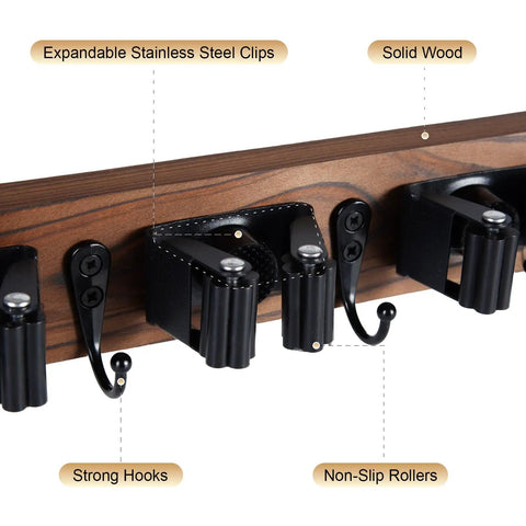 Close-up of Wall Mount Broom And Mop Holder with Five Slots and Four Hooks, made of rustic wood and stainless steel, side view.