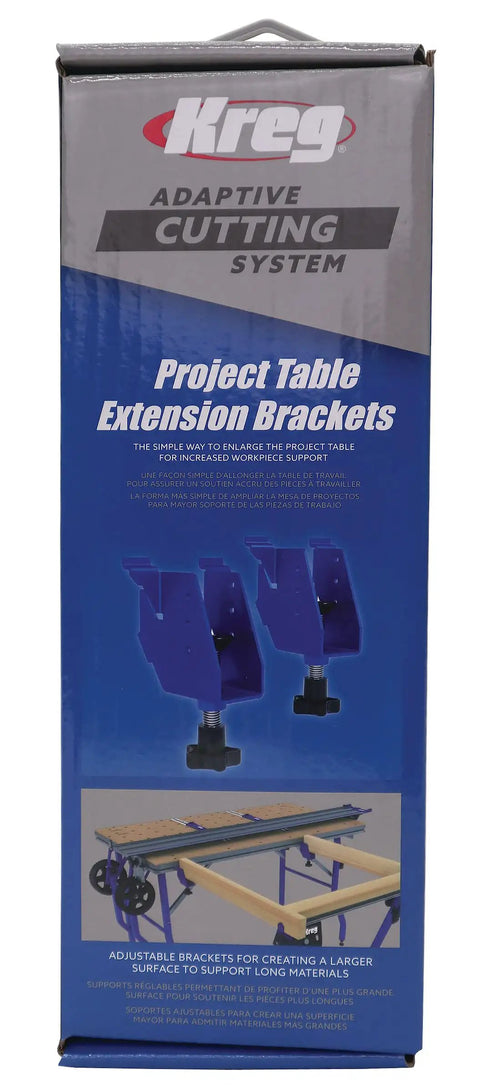 Level Up Your Shop Rig With These Knockout Adaptive Cutting System Extension Brackets That Bolt Right Onto Standard Workbenches Or Portable Project Tables For Quick Setup, blue and black package with project table extension brackets.