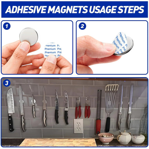 Eight 1.18 in dia neodymium magnets with adhesive backing; front view peeling backing, installed on knife rack.