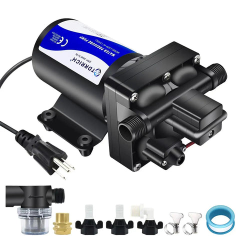 Water Pressure Booster Pump For Home And RV 110V Self Priming Diaphragm Pump Delivers 5.5 GPM And Adjustable 30 To 75 PSI with accessories