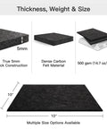 Image showing specifications of Two Pack 10x10 Inch Fireproof Welding Blanket Set, Carbon Felt Soldering Mat and Pad, ASTM D6413 Certified 5mm Flame Retardant Fabric, Heavy Duty Heat Shield for Brazing, Stove Work, Black