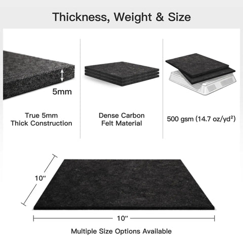 Image showing specifications of Two Pack 10x10 Inch Fireproof Welding Blanket Set, Carbon Felt Soldering Mat and Pad, ASTM D6413 Certified 5mm Flame Retardant Fabric, Heavy Duty Heat Shield for Brazing, Stove Work, Black