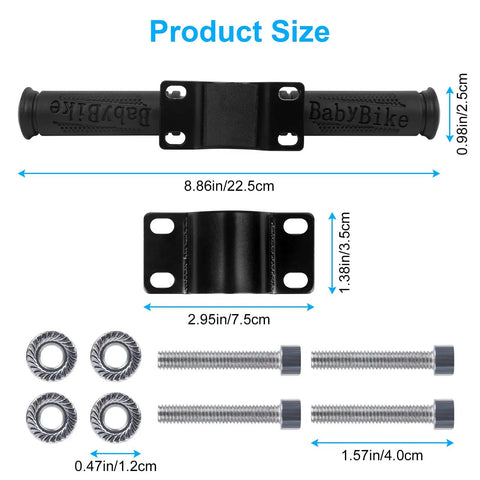 Product size dimensions for Kiddo Height Adjustable Electric Scooter Handlebar Grip Bar with parts and measurements.