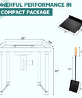 Diagram of Coal Forge Stand And Fire Pot Kit For Blacksmithing Beginners with steel frame, dimensions, and accessories.