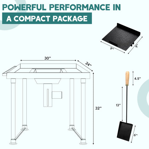 Diagram of Coal Forge Stand And Fire Pot Kit For Blacksmithing Beginners with steel frame, dimensions, and accessories.