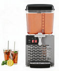 Heavy Duty Stainless Steel Single Tank Commercial Cold Drink Dispenser with iced tea and glasses in a busy restaurant setting.