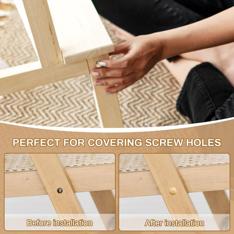 Woman installing 200 Pieces Wood Screw Hole Plugs Three Eighths Inch Mushroom Caps For Furniture Repair And D I Y Projects Natural Wood Button Plugs To Hide Holes Hardwood Wood Caps For Cabinets And Tables No Mess Quick Fix