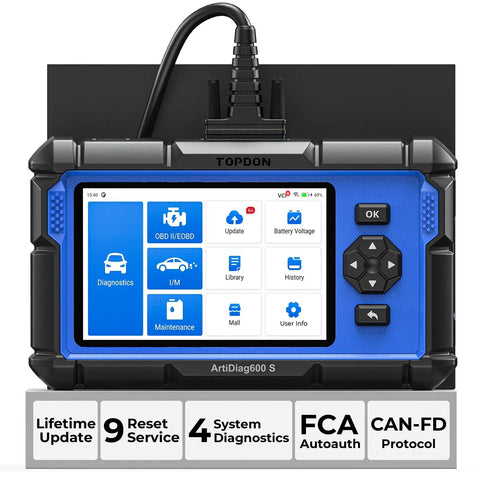 OBD2 Scanner Pro Grade With 9 Reset Services For ABS SRS AT Engine Oil Brake TPMS DPF SAS BMS Injector Coding shown with menu screen