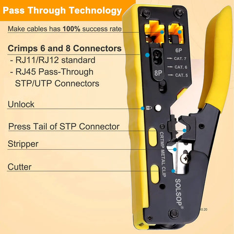 All In One Pass Through RJ45 Crimp Tool Kit With Network Cable Tester featuring pass-through technology with labeled functions.