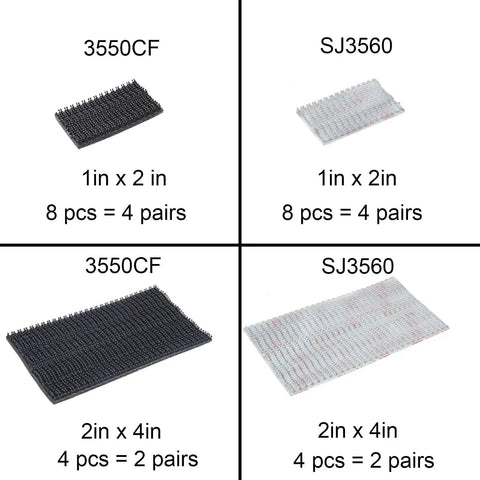 Comparison of Dual Lock 3550CF and SJ3560, sizes 1x2 in and 2x4 in, showing different quantities in pairs.