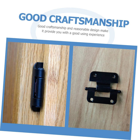 SWOOMEY heavy-duty cabinet door hinge, black iron, self-closing; left: on door edge, right: plate mounted to cabinet.
